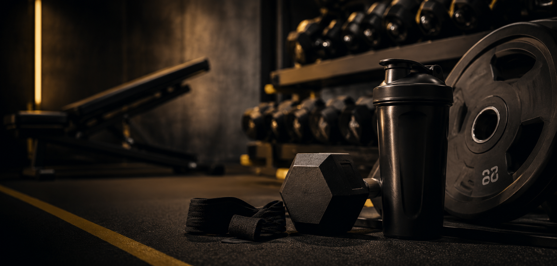 Mancuerna, discos y accesorios en el piso de un gimnasio